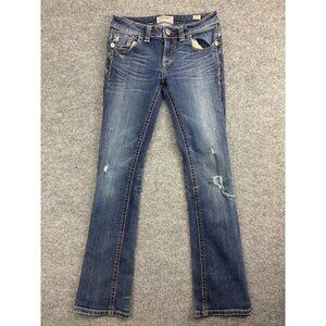 MEK Noida Slim Boot Jeans Women's 27/32L Blue Denim Embroidered Stretch Low Rise